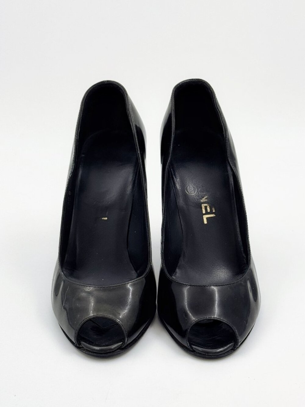Chanel Black Patent Leather Peep Toe Pumps